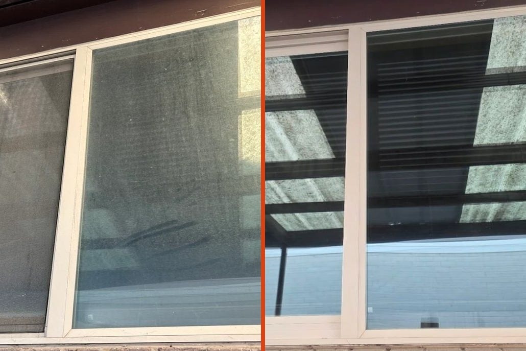 Hard water stain removal before and after on a home window in Sandy, Utah by Ember Window Cleaning