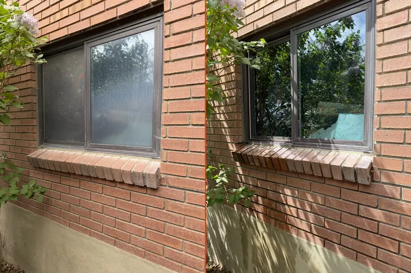 Hard water stain removal before and after on a Salt Lake City home window by Ember Window Cleaning